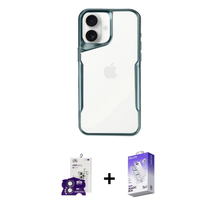 ieg™ iPhone 16 Kılıf Akış Çizgi Koleksiyonu - Siyah Bilvis 5in1 3D Magic Cam Ekran Koruyucu + Pembe Bilvis Titan Kamera Lens
