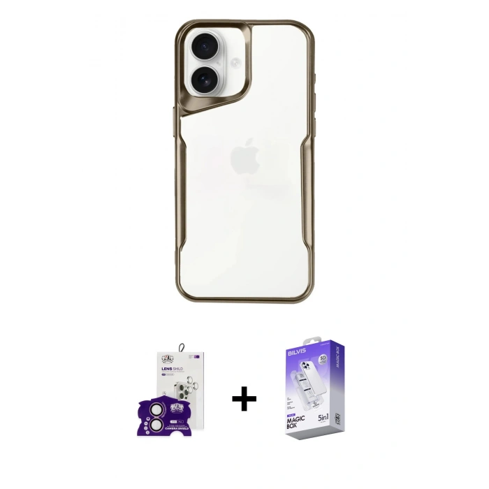 ieg™ iPhone 16 Kılıf Akış Çizgi Koleksiyonu - Siyah Bilvis 5in1 3D Magic Cam Ekran Koruyucu + Pembe Bilvis Titan Kamera Lens