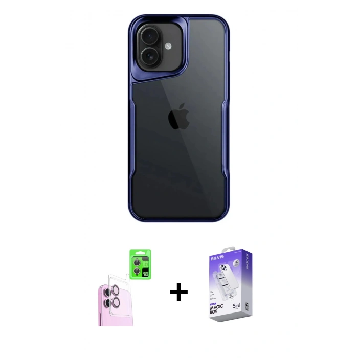 ieg™ iPhone 16 Kılıf Akış Çizgi Koleksiyonu - Siyah Bilvis 5in1 3D Magic Cam Ekran Koruyucu + Pembe Raze Metal Kamera Lens