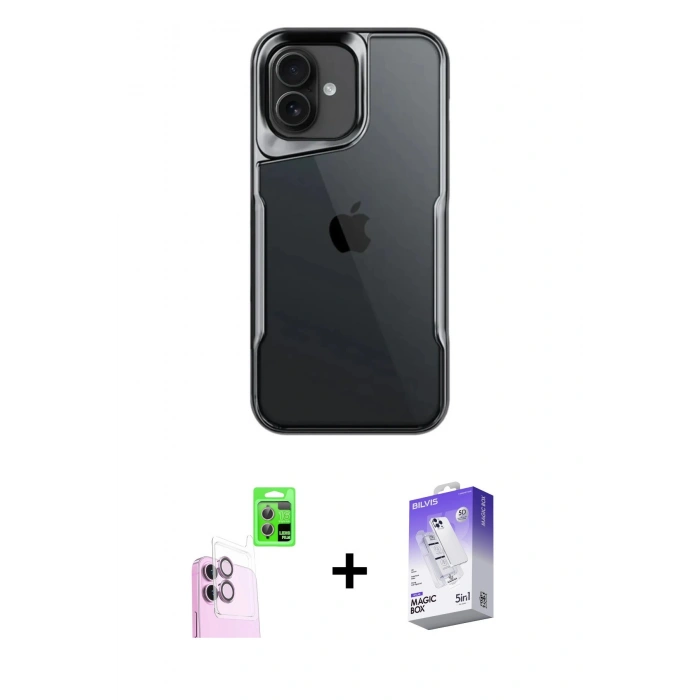 ieg™ iPhone 16 Kılıf Akış Çizgi Koleksiyonu - Siyah Bilvis 5in1 3D Magic Cam Ekran Koruyucu + Pembe Raze Metal Kamera Lens