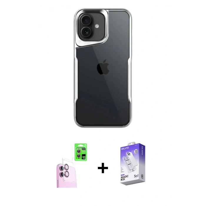 ieg™ iPhone 16 Kılıf Akış Çizgi Koleksiyonu - Siyah Bilvis 5in1 3D Magic Cam Ekran Koruyucu + Pembe Raze Metal Kamera Lens