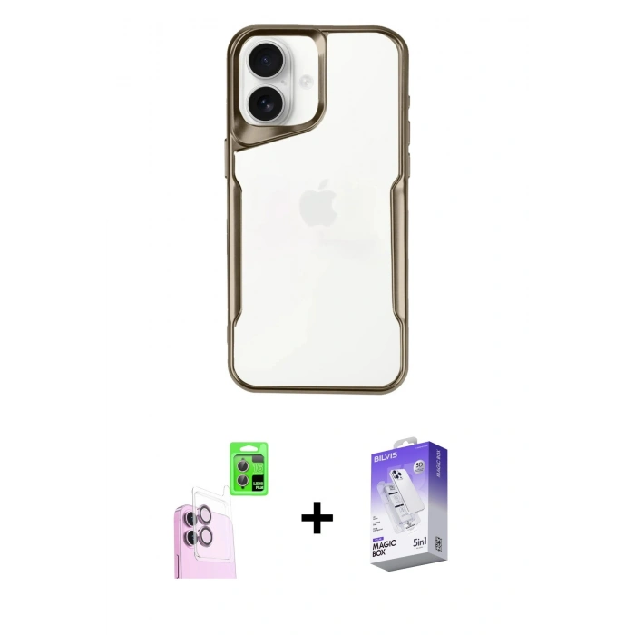 ieg™ iPhone 16 Kılıf Akış Çizgi Koleksiyonu - Siyah Bilvis 5in1 3D Magic Cam Ekran Koruyucu + Pembe Raze Metal Kamera Lens
