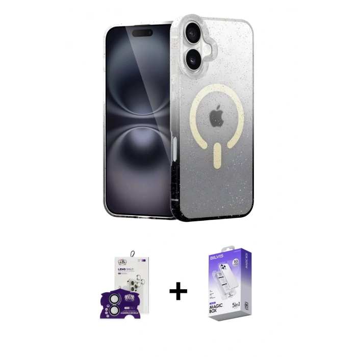 ieg™ iPhone 16 Kılıf Eksen Minimal Özel Seri - Siyah Bilvis 5in1 3D Magic Cam Ekran Koruyucu + Yeşil Bilvis Titan Kamera Lens