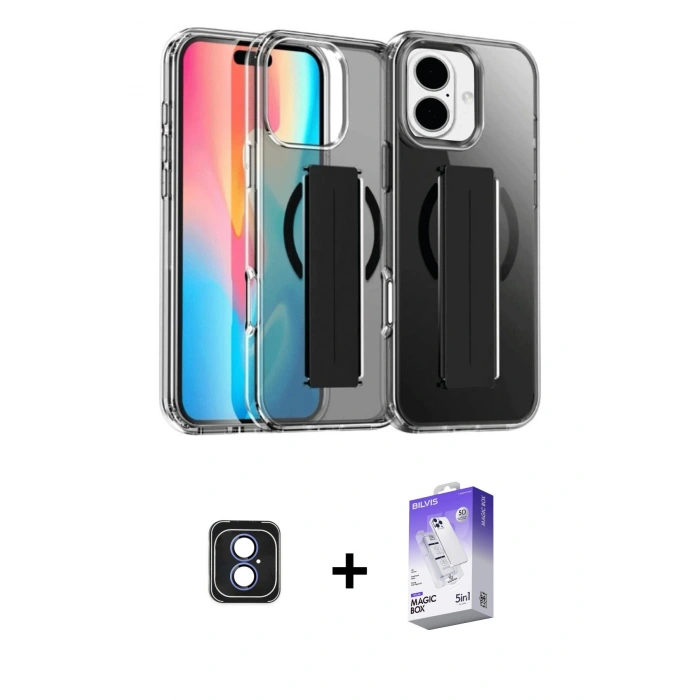 ieg™ iPhone 16 Kılıf Nova Işık Koleksiyonu - Siyah Bilvis 5in1 3D Magic Cam Ekran Koruyucu + Mavi PVD Metal Kamera Lens