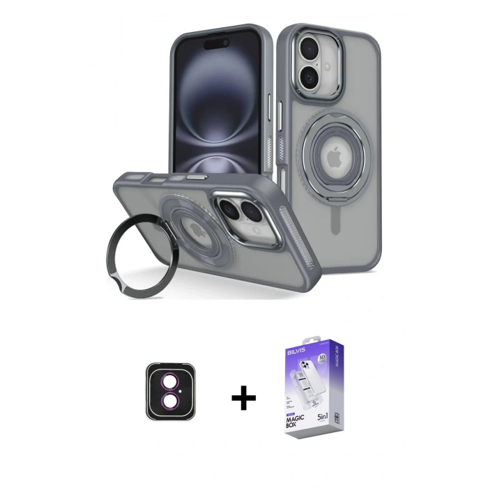 ieg™ iPhone 16 Kılıf Nova Minimal Serisi - Siyah Bilvis 5in1 3D Magic Cam Ekran Koruyucu + Pembe PVD Metal Kamera Lens