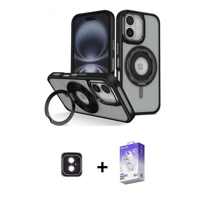 ieg™ iPhone 16 Kılıf Nova Minimal Serisi - Siyah Bilvis 5in1 3D Magic Cam Ekran Koruyucu + Pembe PVD Metal Kamera Lens