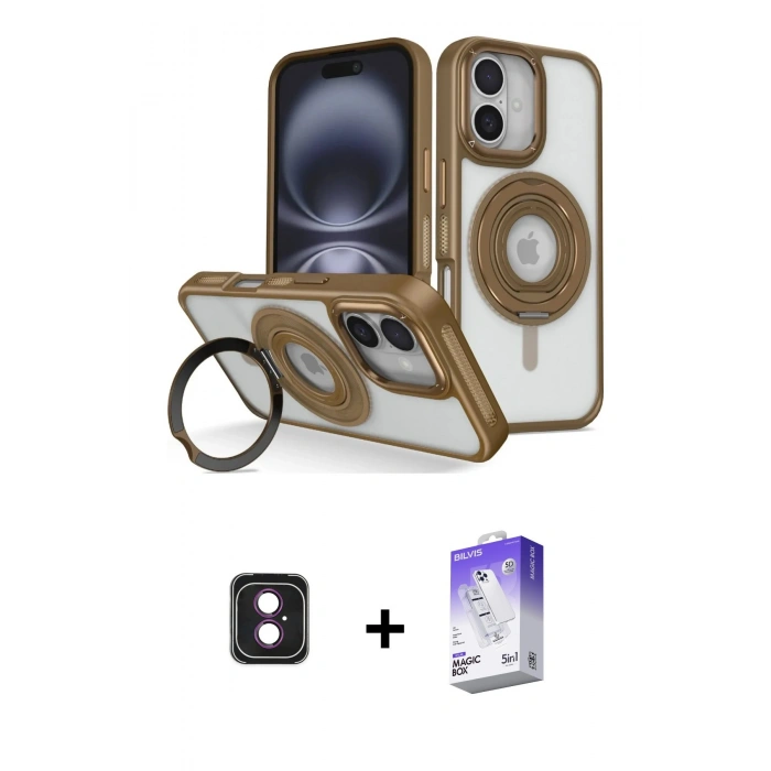 ieg™ iPhone 16 Kılıf Nova Minimal Serisi - Siyah Bilvis 5in1 3D Magic Cam Ekran Koruyucu + Pembe PVD Metal Kamera Lens
