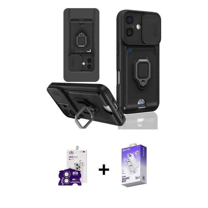 ieg™ iPhone 16 Kılıf Vadi Form Prime - Siyah Bilvis 5in1 3D Magic Cam Ekran Koruyucu + Pembe Bilvis Titan Kamera Lens