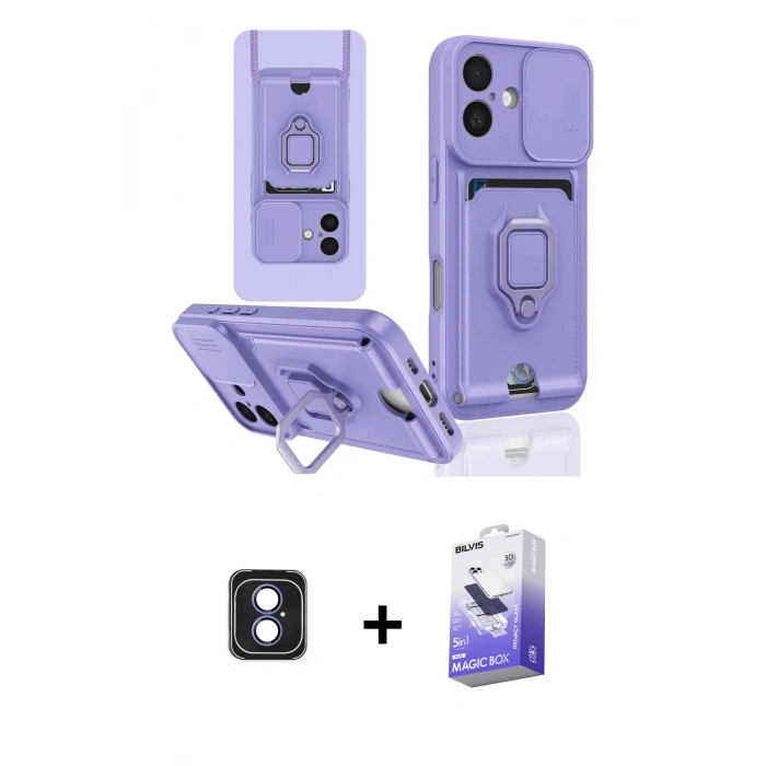 ieg™ iPhone 16 Kılıf Vadi Form Prime - Siyah Bilvis 5in1 5D Magic Hayalet Cam Ekran Koruyucu + Mavi PVD Metal Kamera Lens