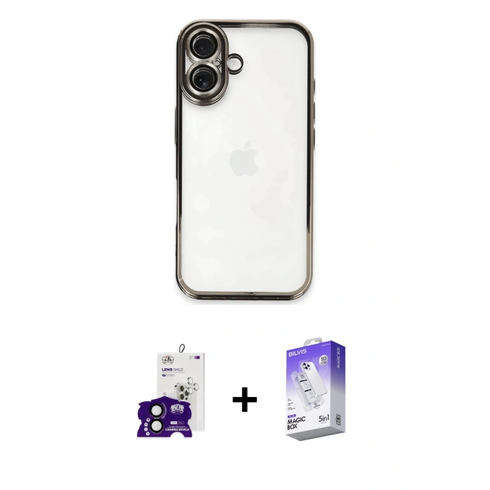 ieg™ iPhone 16 Kılıf Vadi Minimal - Siyah Bilvis 5in1 3D Magic Cam Ekran Koruyucu + Siyah Bilvis Titan Kamera Lens