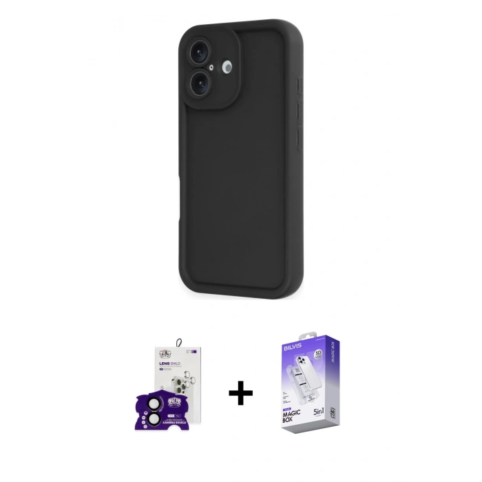 ieg™ iPhone 16 Kılıf Yankı Yansıma Özel Seri - Siyah Bilvis 5in1 3D Magic Cam Ekran Koruyucu + Siyah Bilvis Titan Kamera Lens