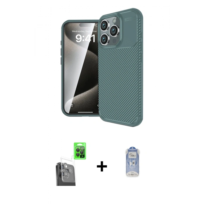 ieg™ iPhone 16 Pro Kılıf Eksen Form Prime - Siyah Joko Magic 5D Cam + Siyah Raze Metal Kamera Lens