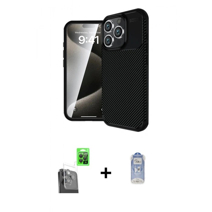 ieg™ iPhone 16 Pro Kılıf Eksen Form Prime - Siyah Joko Magic 5D Cam + Siyah Raze Metal Kamera Lens
