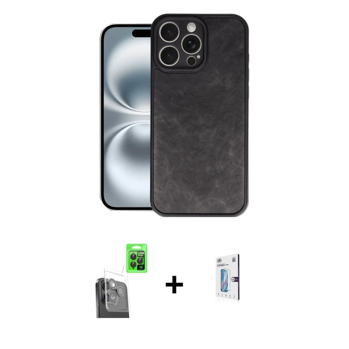 ieg™ iPhone 16 Pro Kılıf Kıvılcım Işık Serisi - Siyah Bilvis 0.18mm Plus Cam Ekran Koruyucu + Siyah Raze Metal Kamera Lens