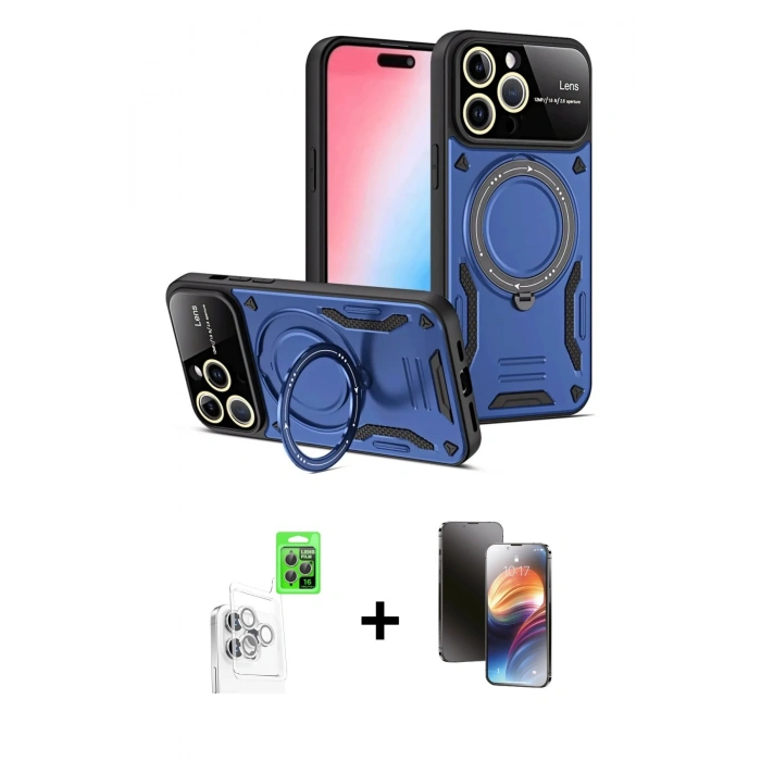 ieg™ iPhone 16 Pro Kılıf Kıvılcım Modern Serisi - Siyah 3D Antistatik Mat Seramik Nano Ekran Koruyucu + Beyaz Raze Metal Kamera Lens