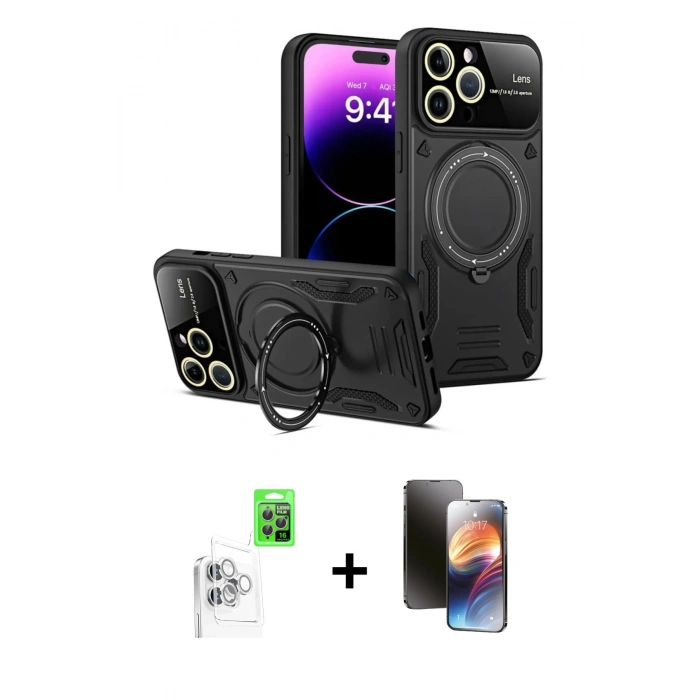 ieg™ iPhone 16 Pro Kılıf Kıvılcım Modern Serisi - Siyah 3D Antistatik Mat Seramik Nano Ekran Koruyucu + Beyaz Raze Metal Kamera Lens