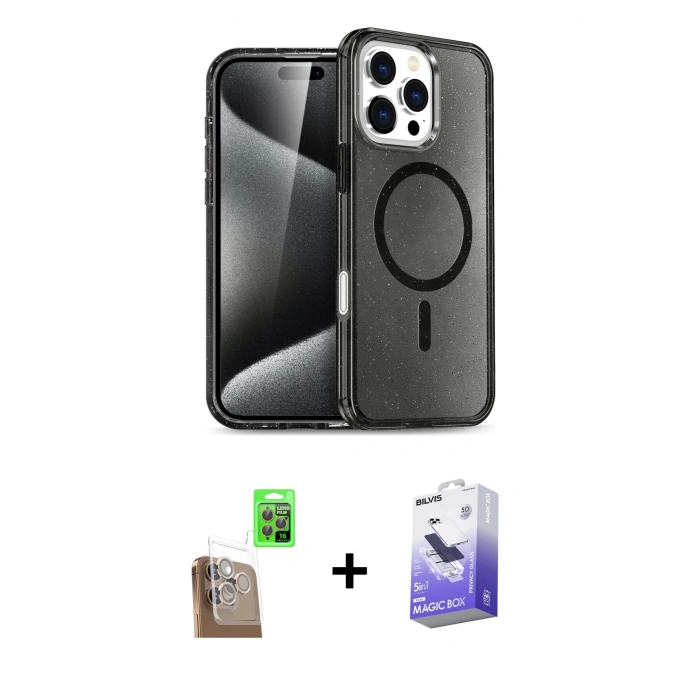 ieg™ iPhone 16 Pro Kılıf Nova Asil Prime - Siyah Bilvis 5in1 5D Magic Hayalet Cam Ekran Koruyucu + Çöl Titanyum Raze Metal Kamera Lens