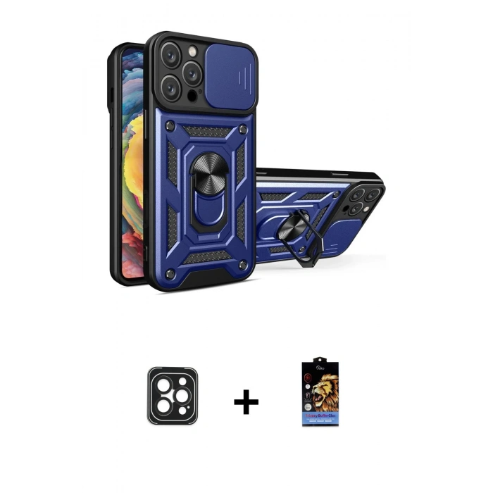 ieg™ iPhone 16 Pro Max Kılıf Ahenk Klasik - Siyah Buffer Hayalet Cam Ekran Koruyucu + Siyah PVD Metal Kamera Lens