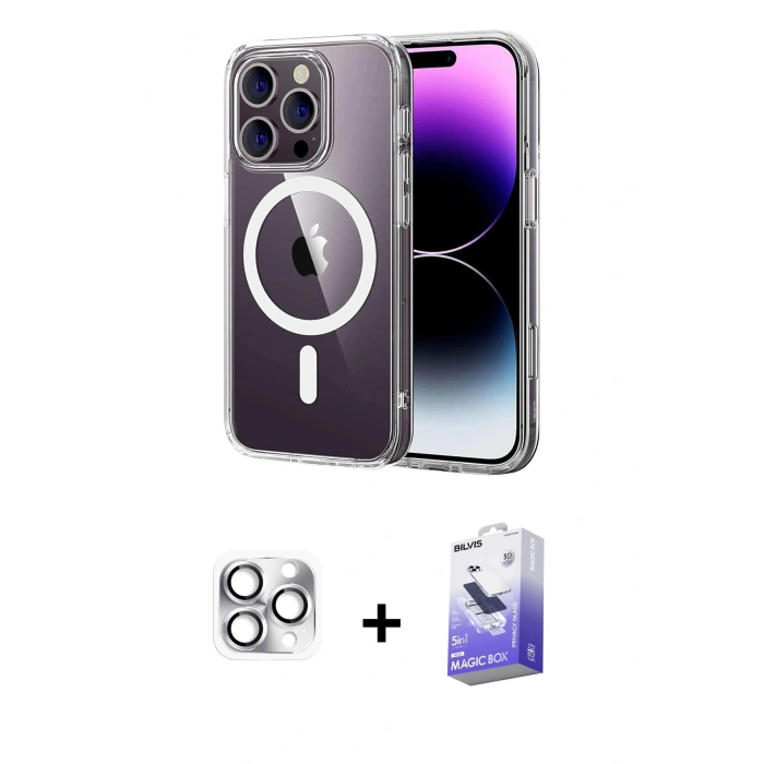 ieg™ iPhone 16 Pro Max Kılıf Ahenk Minimal Serisi - Siyah Bilvis 5in1 5D Magic Hayalet Cam Ekran Koruyucu + Gümüş Pers Alüminyum Kamera Lens