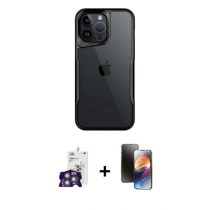 ieg™ iPhone 16 Pro Max Kılıf Akış Çizgi Koleksiyonu - Siyah 3D Antistatik Mat Seramik Nano Ekran Koruyucu + Gümüş Bilvis Titan Kamera Lens