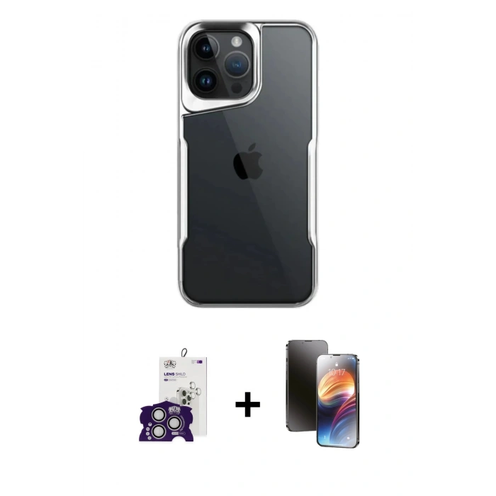 ieg™ iPhone 16 Pro Max Kılıf Akış Çizgi Koleksiyonu - Siyah 3D Antistatik Mat Seramik Nano Ekran Koruyucu + Gümüş Bilvis Titan Kamera Lens