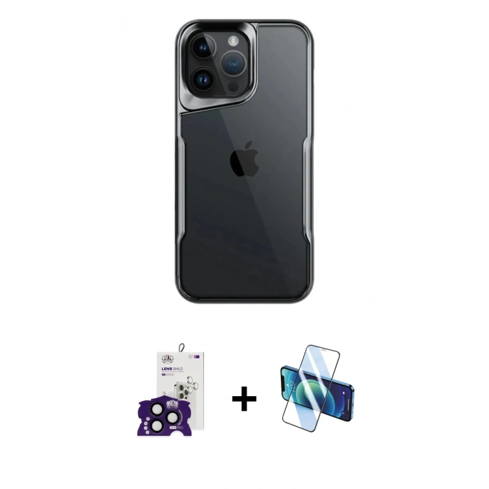 ieg™ iPhone 16 Pro Max Kılıf Akış Çizgi Koleksiyonu - Siyah 3D Antistatik Seramik Nano Ekran Koruyucu + Siyah Bilvis Titan Kamera Lens