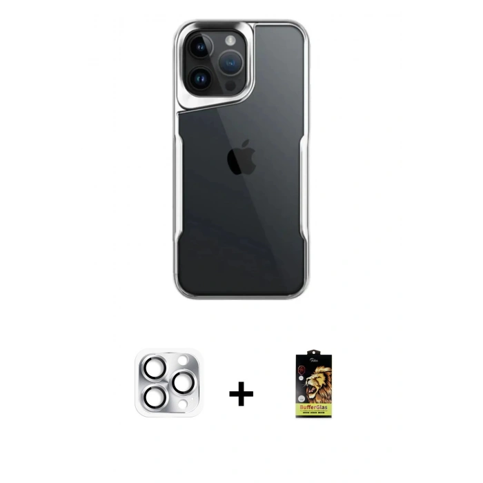 ieg™ iPhone 16 Pro Max Kılıf Akış Çizgi Koleksiyonu - Siyah Buffer Cam Ekran Koruyucu + Gümüş Pers Alüminyum Kamera Lens