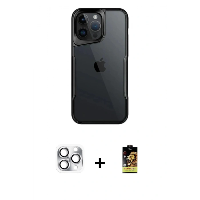 ieg™ iPhone 16 Pro Max Kılıf Akış Çizgi Koleksiyonu - Siyah Buffer Cam Ekran Koruyucu + Gümüş Pers Alüminyum Kamera Lens