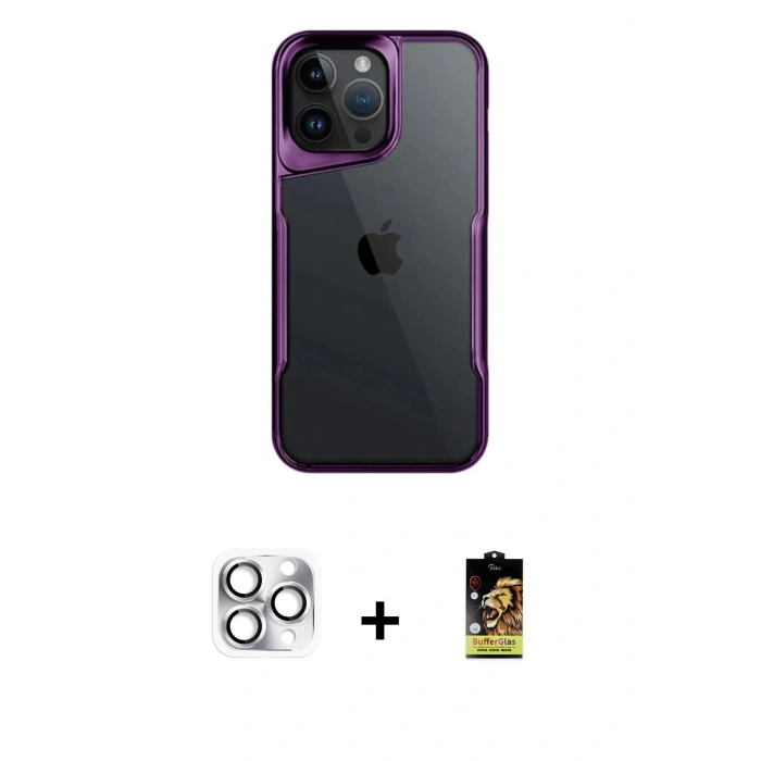 ieg™ iPhone 16 Pro Max Kılıf Akış Çizgi Koleksiyonu - Siyah Buffer Cam Ekran Koruyucu + Gümüş Pers Alüminyum Kamera Lens