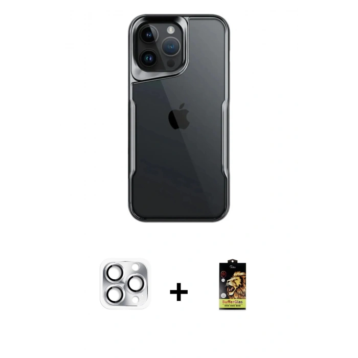 ieg™ iPhone 16 Pro Max Kılıf Akış Çizgi Koleksiyonu - Siyah Buffer Cam Ekran Koruyucu + Gümüş Pers Alüminyum Kamera Lens