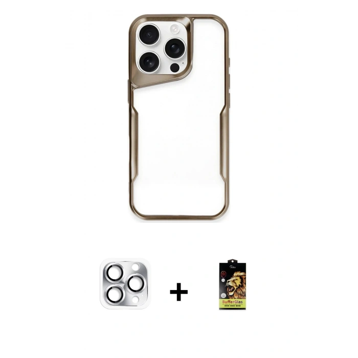 ieg™ iPhone 16 Pro Max Kılıf Akış Çizgi Koleksiyonu - Siyah Buffer Cam Ekran Koruyucu + Gümüş Pers Alüminyum Kamera Lens