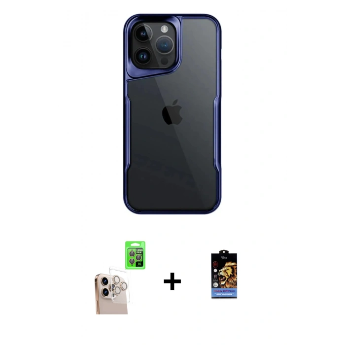 ieg™ iPhone 16 Pro Max Kılıf Akış Çizgi Koleksiyonu - Siyah Buffer Hayalet Cam Ekran Koruyucu + Natural Grey Raze Metal Kamera Lens