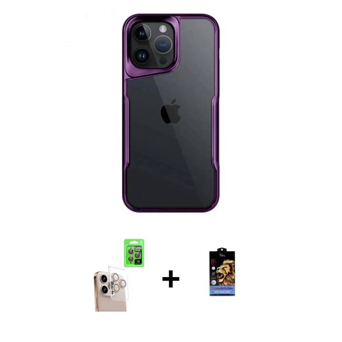 ieg™ iPhone 16 Pro Max Kılıf Akış Çizgi Koleksiyonu - Siyah Buffer Hayalet Cam Ekran Koruyucu + Natural Grey Raze Metal Kamera Lens