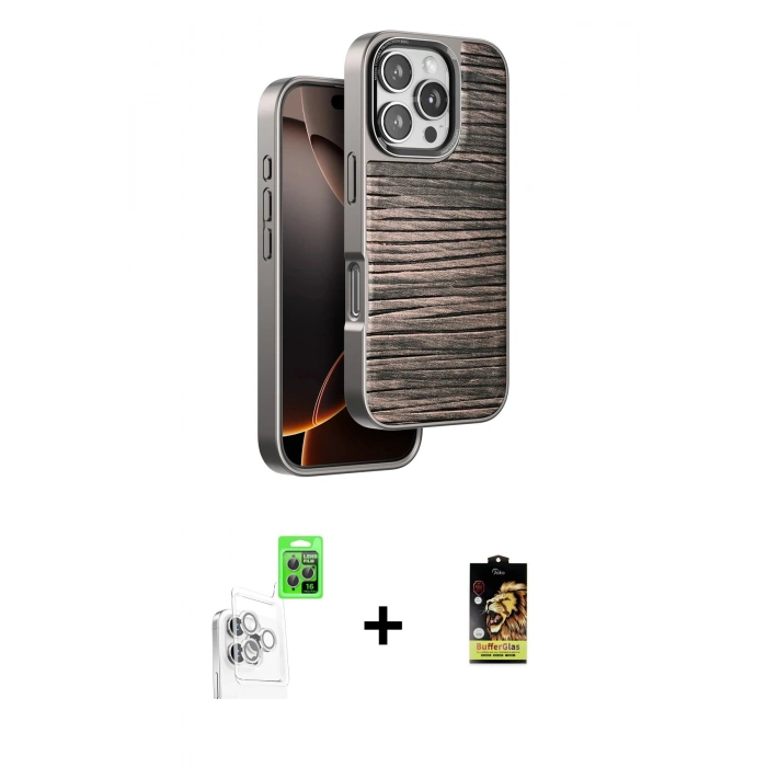 ieg™ iPhone 16 Pro Max Kılıf Atlas Minimal Özel Seri - Siyah Buffer Cam Ekran Koruyucu + Beyaz Raze Metal Kamera Lens
