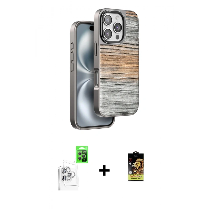 ieg™ iPhone 16 Pro Max Kılıf Atlas Minimal Özel Seri - Siyah Buffer Cam Ekran Koruyucu + Beyaz Raze Metal Kamera Lens