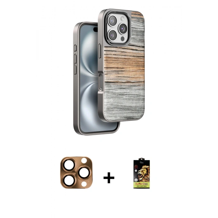 ieg™ iPhone 16 Pro Max Kılıf Atlas Minimal Özel Seri - Siyah Buffer Cam Ekran Koruyucu + Çöl Titanyum Pers Alüminyum Kamera Lens