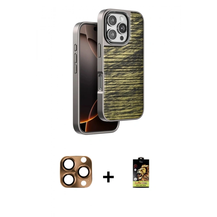 ieg™ iPhone 16 Pro Max Kılıf Atlas Minimal Özel Seri - Siyah Buffer Cam Ekran Koruyucu + Çöl Titanyum Pers Alüminyum Kamera Lens