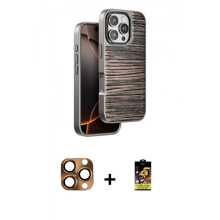 ieg™ iPhone 16 Pro Max Kılıf Atlas Minimal Özel Seri - Siyah Buffer Cam Ekran Koruyucu + Çöl Titanyum Pers Alüminyum Kamera Lens