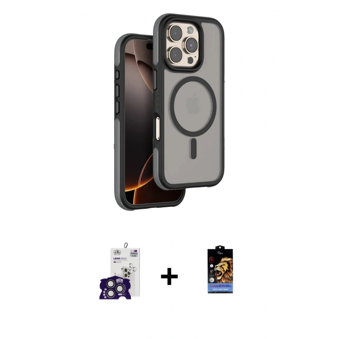 ieg™ iPhone 16 Pro Max Kılıf Çekirdek Minimal Prime - Siyah Buffer Hayalet Cam Ekran Koruyucu + Titanyum Gri Bilvis Titan Kamera Lens