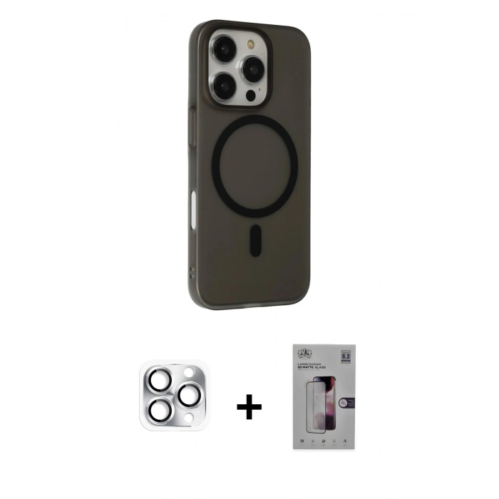 ieg™ iPhone 16 Pro Max Kılıf Çekirdek Modern Prime - Siyah Bilvis 3D Mat Cam Ekran Koruyucu + Gümüş Pers Alüminyum Kamera Lens