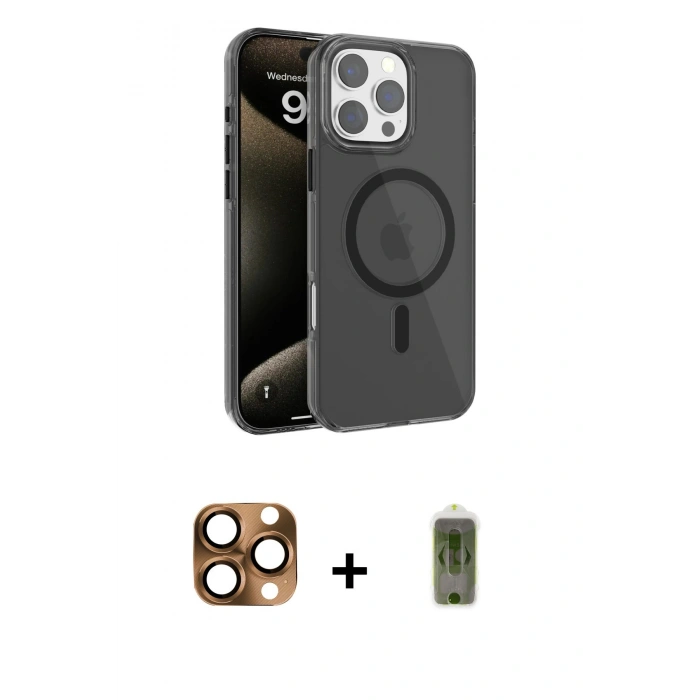 ieg™ iPhone 16 Pro Max Kılıf Doruk Doku Özel Seri - Siyah Joko Magic 5D Hayalet Cam + Çöl Titanyum Pers Alüminyum Kamera Lens