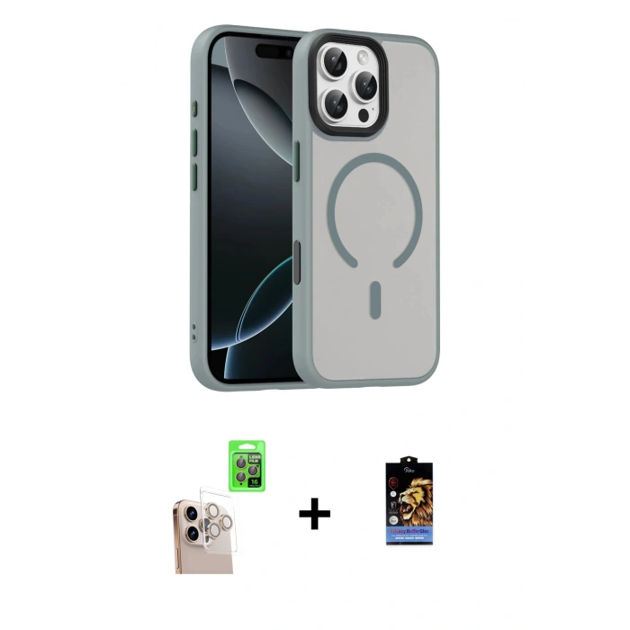 ieg™ iPhone 16 Pro Max Kılıf Doruk Form Serisi - Siyah Buffer Hayalet Cam Ekran Koruyucu + Natural Grey Raze Metal Kamera Lens