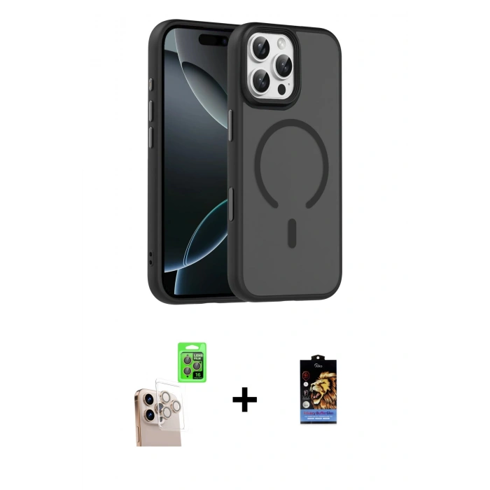ieg™ iPhone 16 Pro Max Kılıf Doruk Form Serisi - Siyah Buffer Hayalet Cam Ekran Koruyucu + Natural Grey Raze Metal Kamera Lens