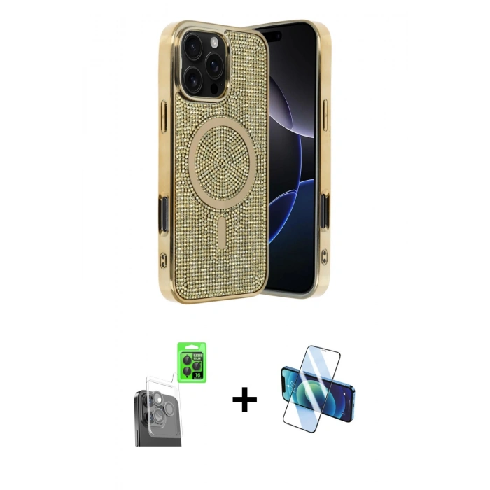 ieg™ iPhone 16 Pro Max Kılıf Eksen Çizgi - Siyah 3D Antistatik Seramik Nano Ekran Koruyucu + Siyah Raze Metal Kamera Lens