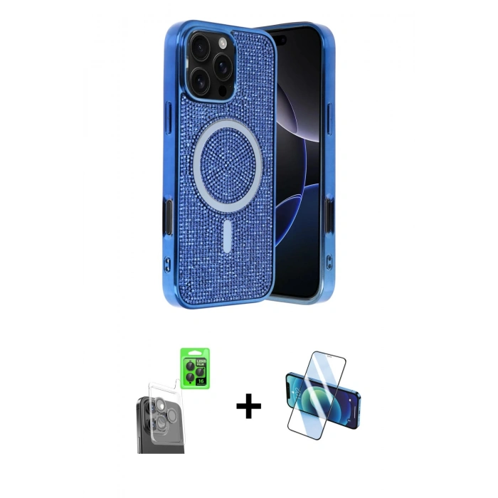 ieg™ iPhone 16 Pro Max Kılıf Eksen Çizgi - Siyah 3D Antistatik Seramik Nano Ekran Koruyucu + Siyah Raze Metal Kamera Lens