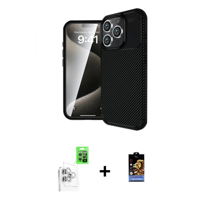 ieg™ iPhone 16 Pro Max Kılıf Eksen Form Prime - Siyah Buffer Hayalet Cam Ekran Koruyucu + Beyaz Raze Metal Kamera Lens
