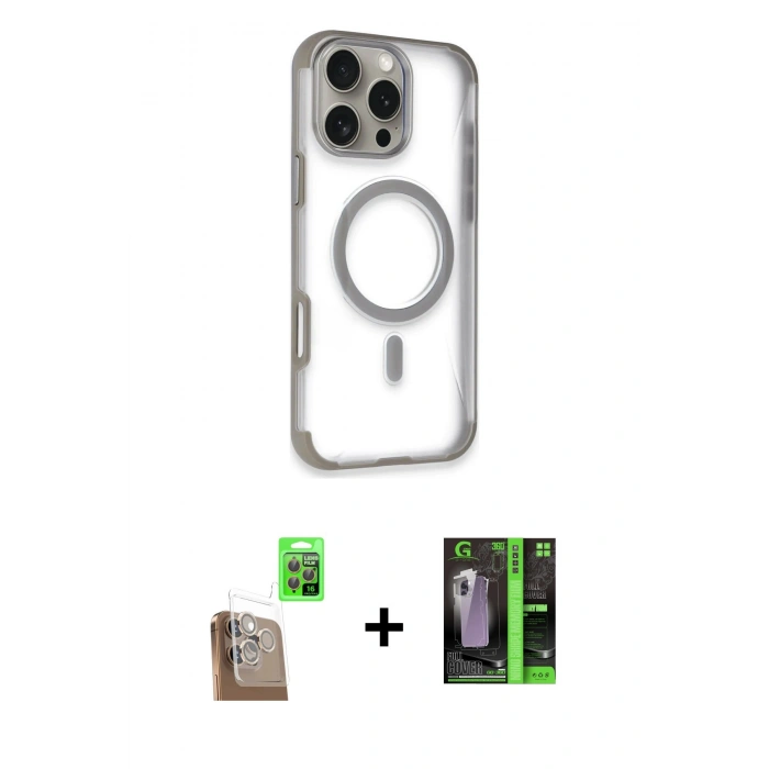 ieg™ iPhone 16 Pro Max Kılıf Eksen Klasik Koleksiyonu - Şeffaf 360 Full Body Arka Koruyucu + Çöl Titanyum Raze Metal Kamera Lens