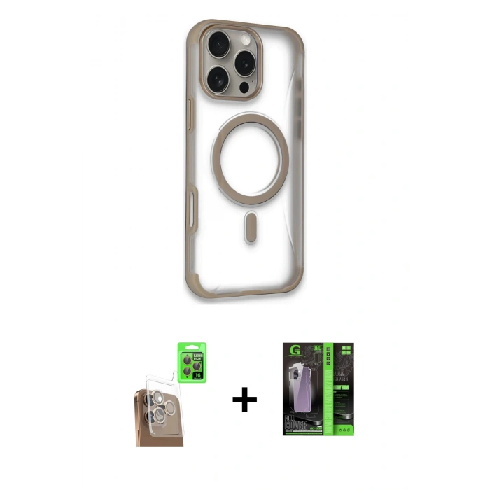 ieg™ iPhone 16 Pro Max Kılıf Eksen Klasik Koleksiyonu - Şeffaf 360 Full Body Arka Koruyucu + Çöl Titanyum Raze Metal Kamera Lens