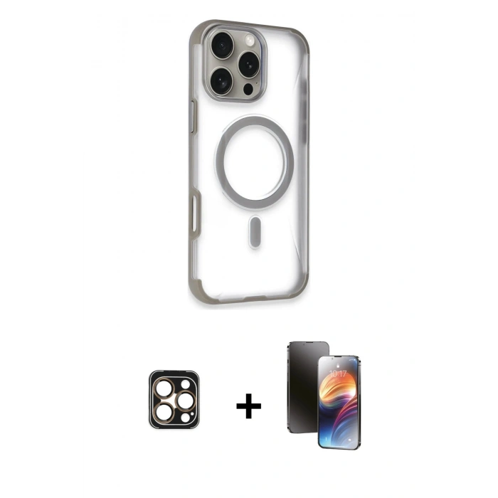 ieg™ iPhone 16 Pro Max Kılıf Eksen Klasik Koleksiyonu - Siyah 3D Antistatik Mat Seramik Nano Ekran Koruyucu + Gold PVD Metal Kamera Lens
