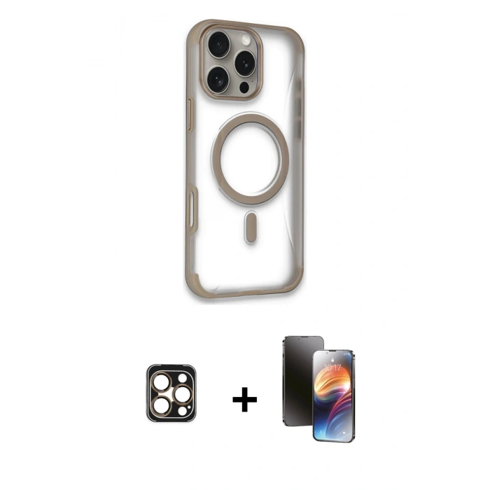 ieg™ iPhone 16 Pro Max Kılıf Eksen Klasik Koleksiyonu - Siyah 3D Antistatik Mat Seramik Nano Ekran Koruyucu + Gold PVD Metal Kamera Lens